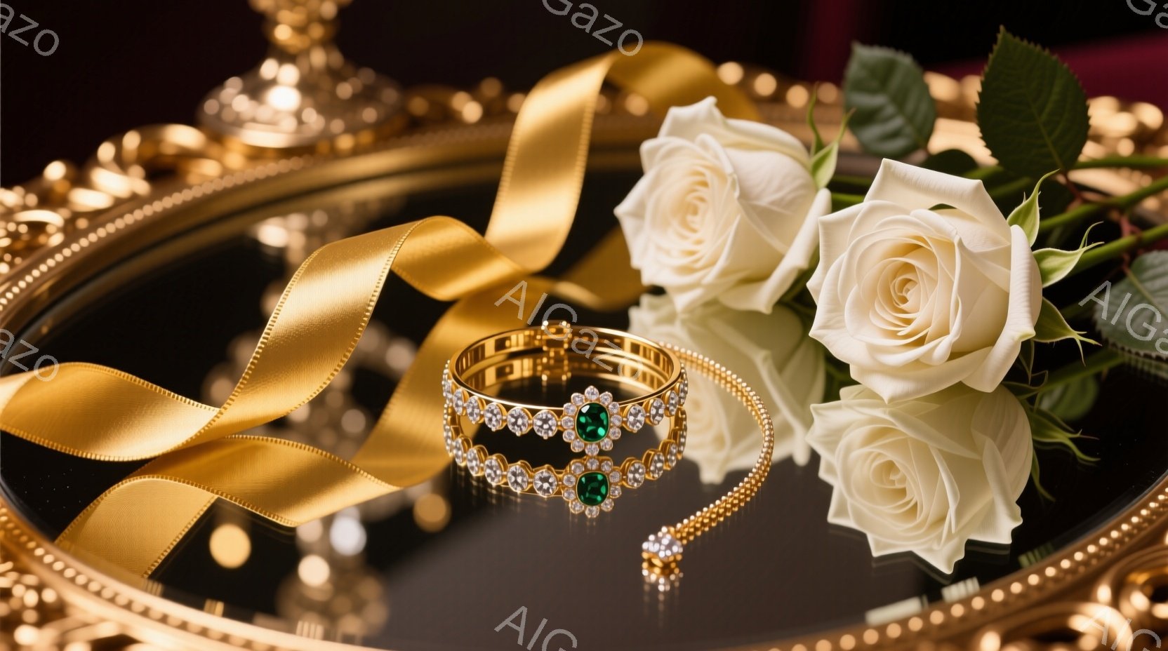 豪華な黒い装飾が施されたトレーの上に、白いバラと宝石がちりばめられた金色のブレスレットが配置されています。鮮やかな緑色の宝石がアクセントとなり、バラの花びらと金色の輝きが互いに引き立て合っています。全体的に優雅で洗練された雰囲気が漂い、特別な贈り物や装飾品を想起させます。