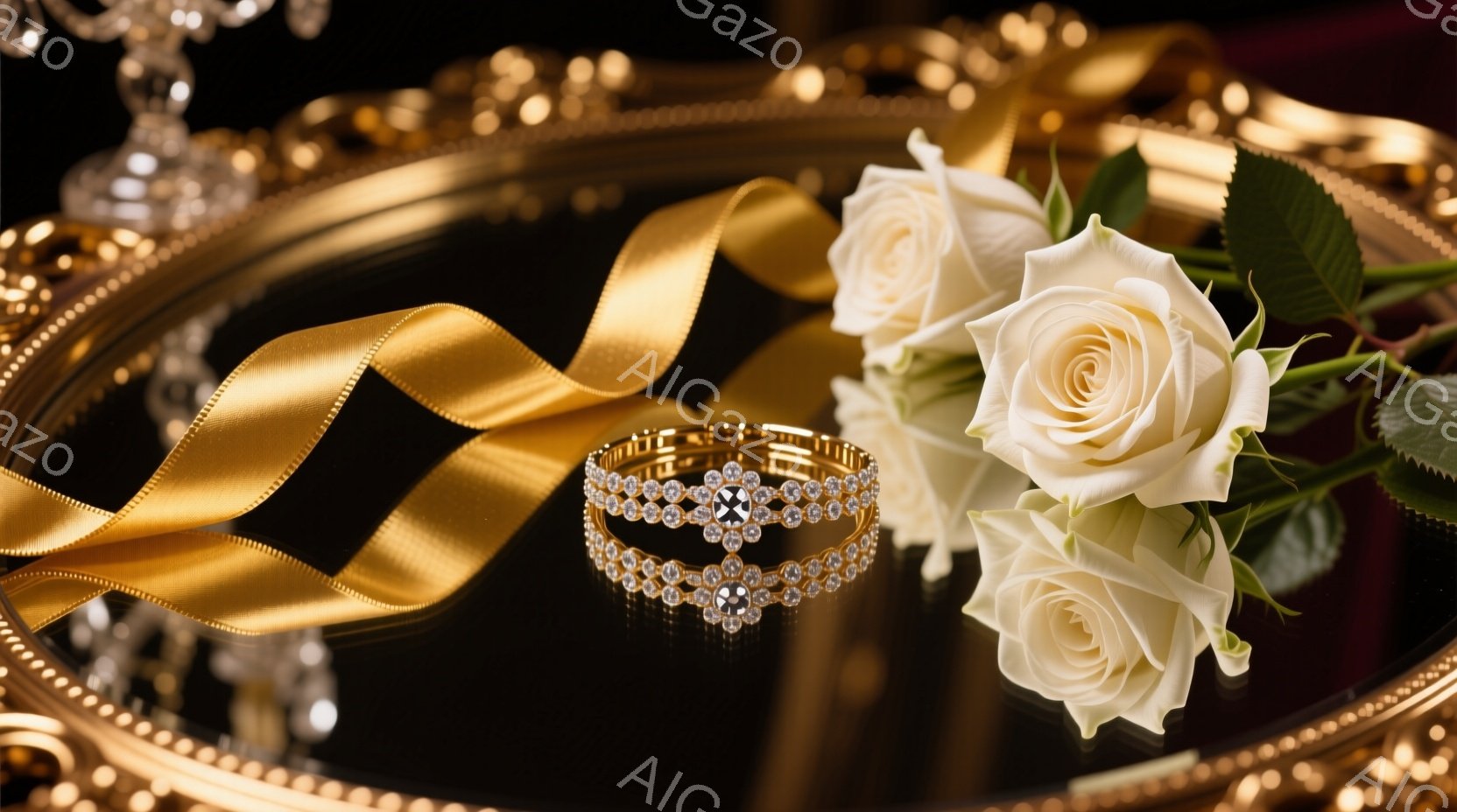 ベルベットのような黒い背景に、金色の装飾が施された円形のトレーが置かれています。トレーの中央には、白いバラと金色のリボン、そしてきらびやかな宝石で飾られたブレスレットが配置されています。全体的に豪華で洗練された雰囲気で、特別な機会やイベントを想起させます。