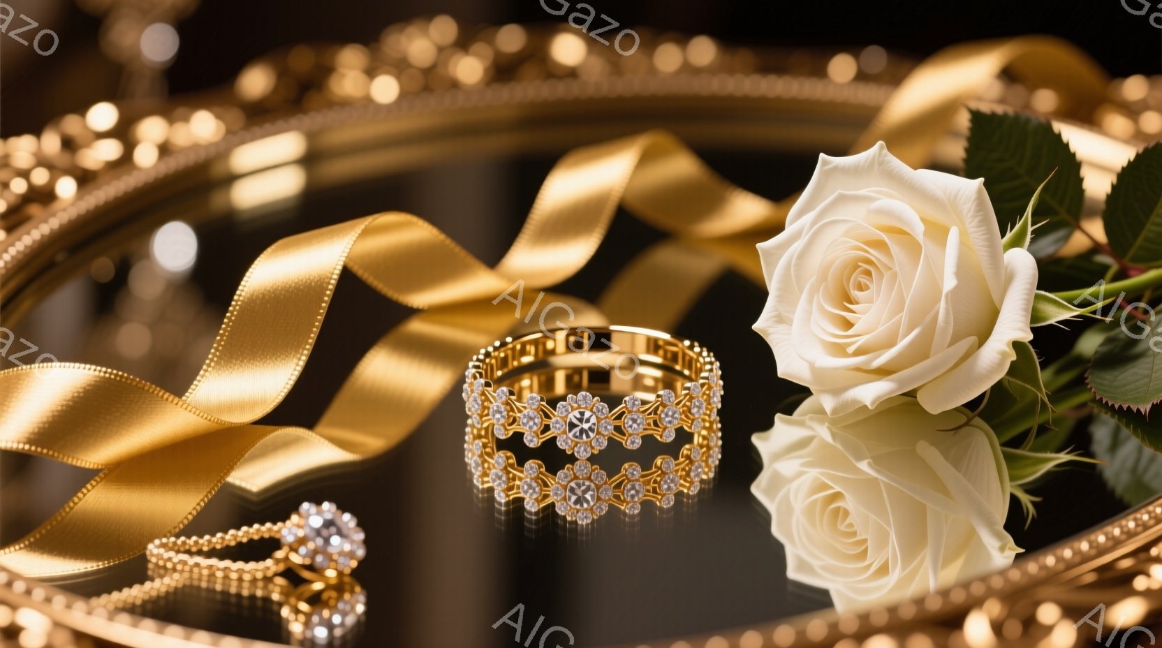 豪華な黒い装飾が施されたトレーの上に、金色のリボンと白いバラ、そしてきらめくダイヤモンドが散りばめられた金色のブレスレットとネックレスが置かれています。バラは開花し始め、繊細な花びらが優雅さを添えています。全体的に、富、美しさ、そして洗練された雰囲気が漂っています。