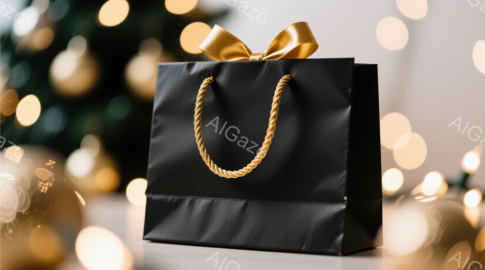 黒いギフトバッグが白い台の上に置かれており、金色のロープ状の持ち手とリボンが付いています。背景にはぼやけたゴールドの光の玉が散りばめられており、クリスマスツリーの緑色のシルエットが見えます。全体的に、洗練されたホリデーシーズンの雰囲気を感じさせます。