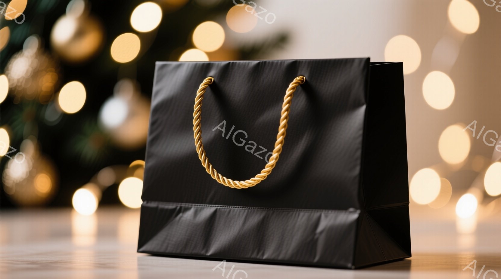 黒色のギフトバッグが、ぼやけたゴールドの光の背景を前に置かれています。バッグは紙製で、ねじれたゴールドの持ち手が付いており、シンプルでエレガントな印象を与えます。背景の光は、お祝いや特別な機会を連想させ、バッグの魅力を引き立てています。