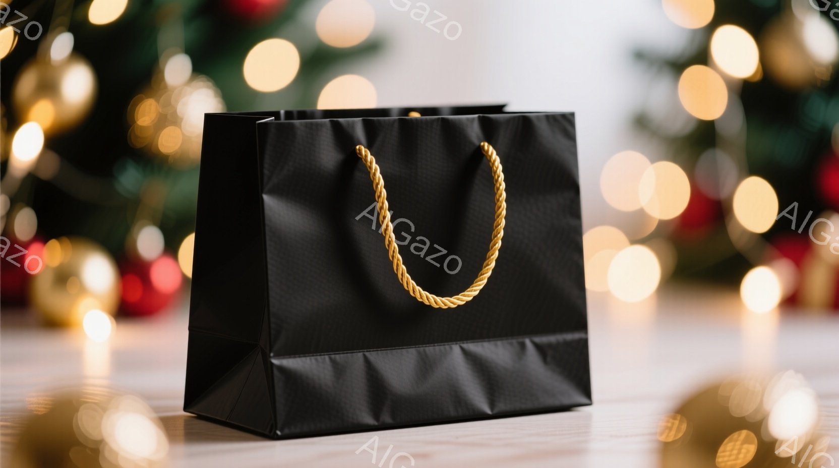 黒いギフトバッグが木製の床に置かれており、背景にはぼやけたゴールドと赤のクリスマスツリーのライトが散りばめられています。バッグは光沢のある素材でできており、金色のロープ状の持ち手が付いています。全体的に温かく、お祝いの雰囲気が漂い、ホリデーシーズンのギフトの準備が連想されます。