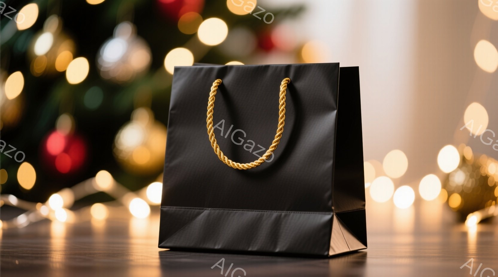 黒いギフトバッグが木製の表面に置かれています。バッグには金色のロープの取っ手がついており、背景はぼやけたクリスマスツリーの光で飾られています。全体的に、華やかで穏やかな雰囲気が漂っています。