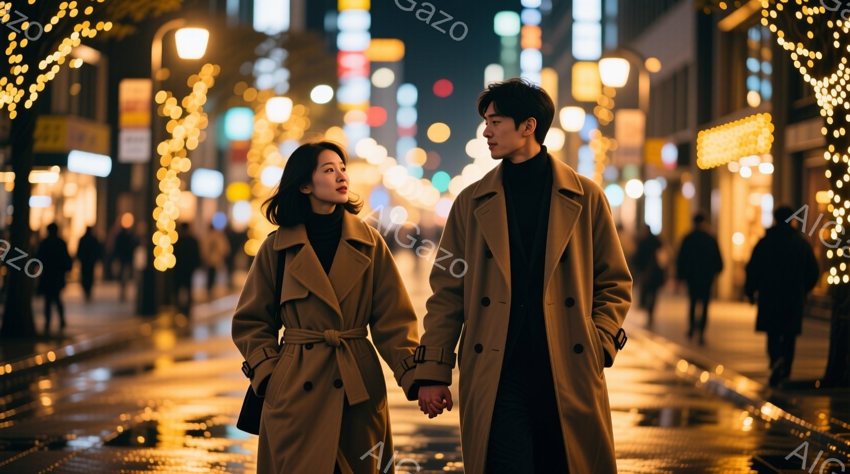長い茶色のコートを着た若い男女が、夜の街路を並んで歩いている。女性はゆるやかなウェーブのかかった髪で、少し上を見ている表情はどこか物憂げだ。背景には、ぼやけた光の帯が広がり、雨上がりの濡れた路面に反射して幻想的な雰囲気を醸し出している。