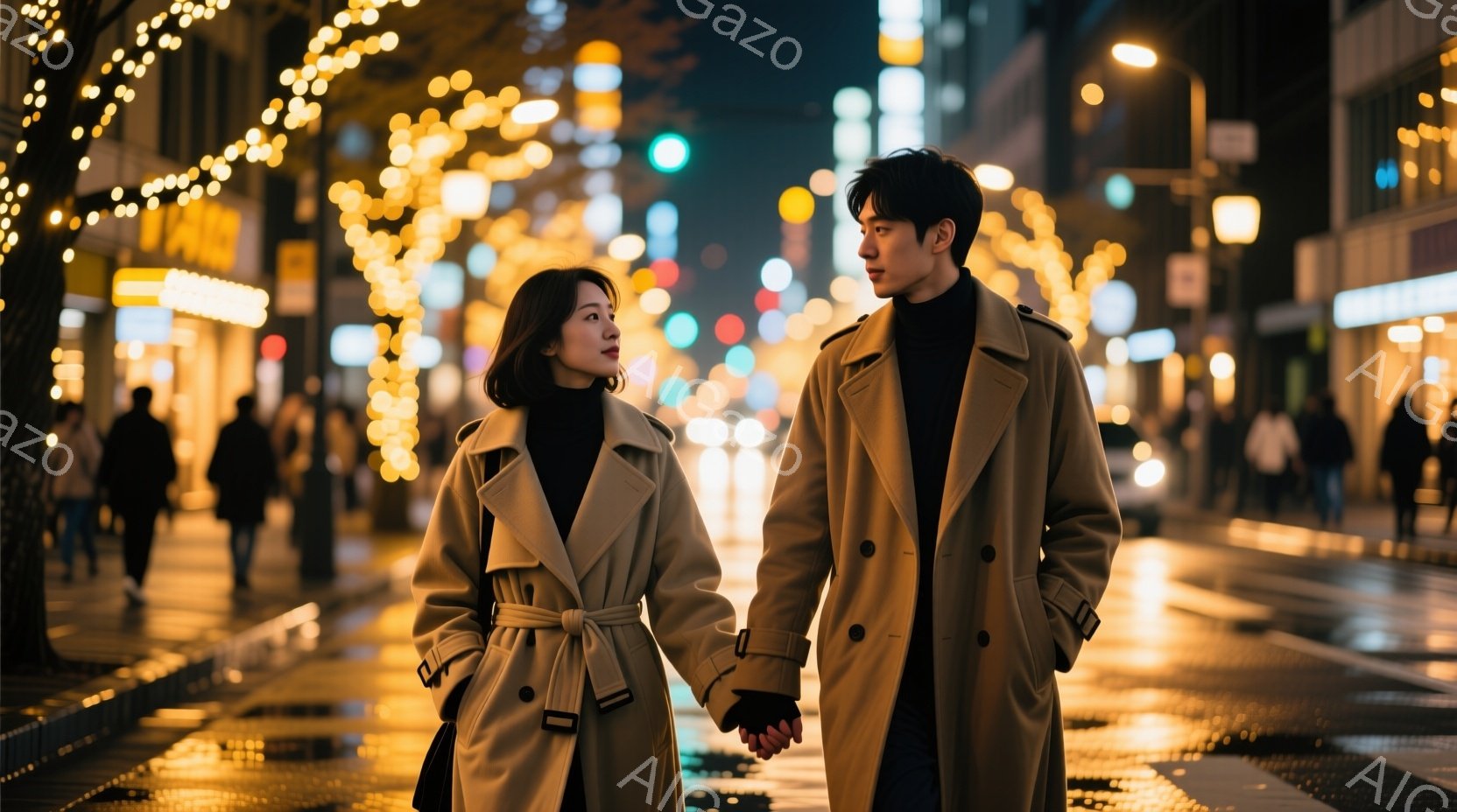 若い男女が夜の街を並んで歩いている。二人はトレンチコートを着用し、女性は黒髪のショートヘア、男性は黒髪のミディアムヘアで、互いに手を繋いでいる。背景には、光り輝く街灯やネオンサインがぼやけ、路面は雨で濡れており、ロマンチックで少し寂しげな雰囲気を醸し出している。