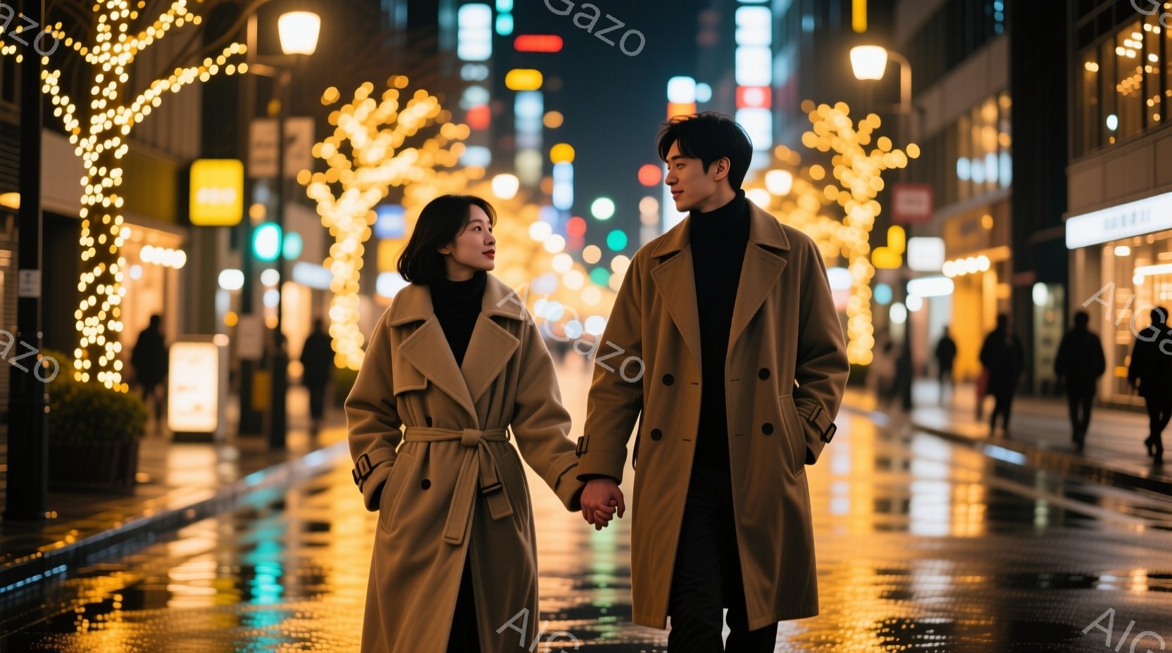 若い男女が夜の街を歩いている様子が写っています。二人はベージュ色の長いコートを着ており、女性は黒髪のストレートヘア、男性は黒髪の短髪です。道路は雨で濡れており、路面や建物からの光が反射して、幻想的な雰囲気を醸し出しています。