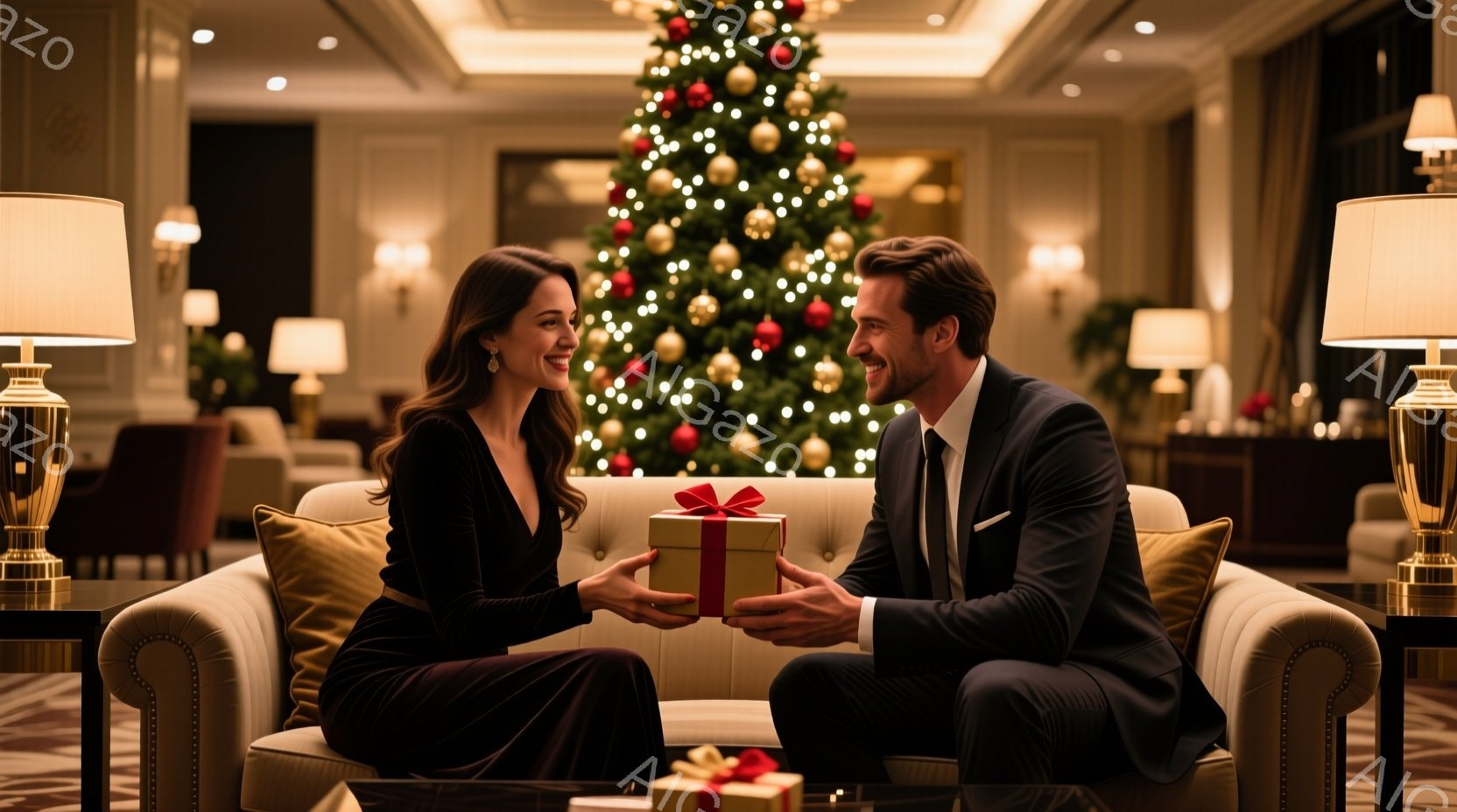 長い黒いベルベットのドレスを着た女性が、赤いリボンで結ばれたプレゼントを、黒いスーツを着た男性に差し出しています。二人はソファに座り、互いに微笑み合い、温かい眼差しを交わしています。背景には、クリスマ - AI生成フリー素材