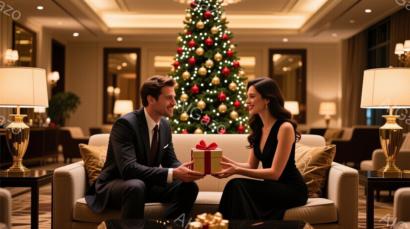 エレガントなソファに座った男女が、プレゼントを交換している場面だ。男性は黒いスーツ、女性は黒いドレスを着ており、微笑みを浮かべて互いを見つめている。背景にはクリスマスツリーが飾られており、暖かくロマン - AI生成フリー素材