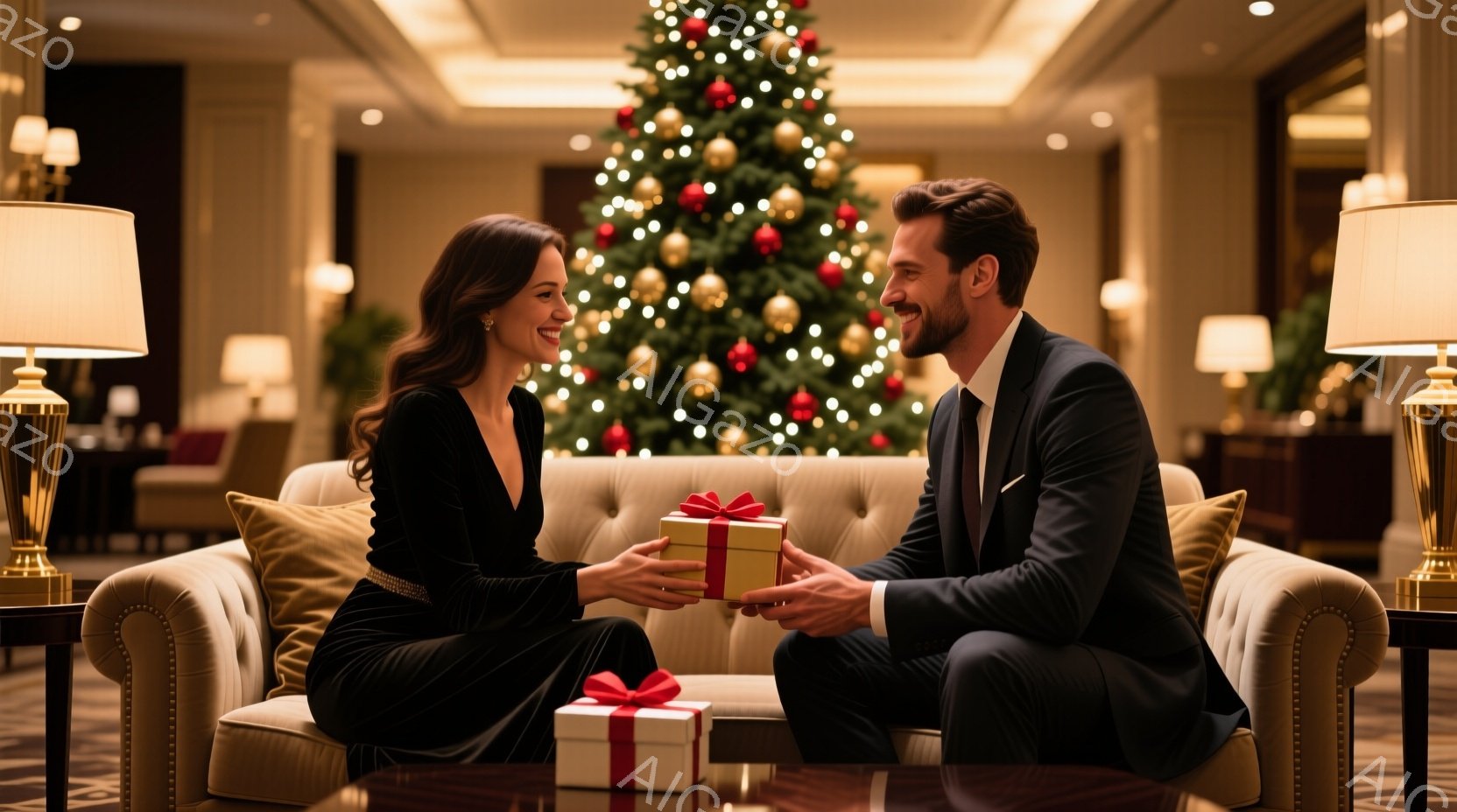 美しい女性がベルベットの黒いドレスを着ており、髪は肩まで届くロングヘアで、笑顔を浮かべています。彼女は赤いリボンで飾られたギフトボックスを紳士に差し出しており、紳士は黒いスーツを着て、同じように笑顔でそれを受け取ろうとしています。背景には、クリスマスツリーが飾られた豪華なホテルのロビーがあり、暖かく、お祝いの雰囲気です。