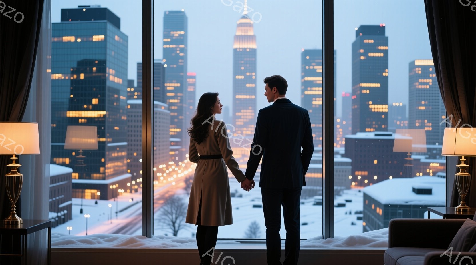 一対の男女が、雪景色を背景にした高層ビル群を見下ろしています。女性はロングヘアでグレーのコートを着ており、男性はダークスーツを着ています。室内は暖かく、窓の外の寒々とした風景とのコントラストが、落ち着 - AI生成フリー素材