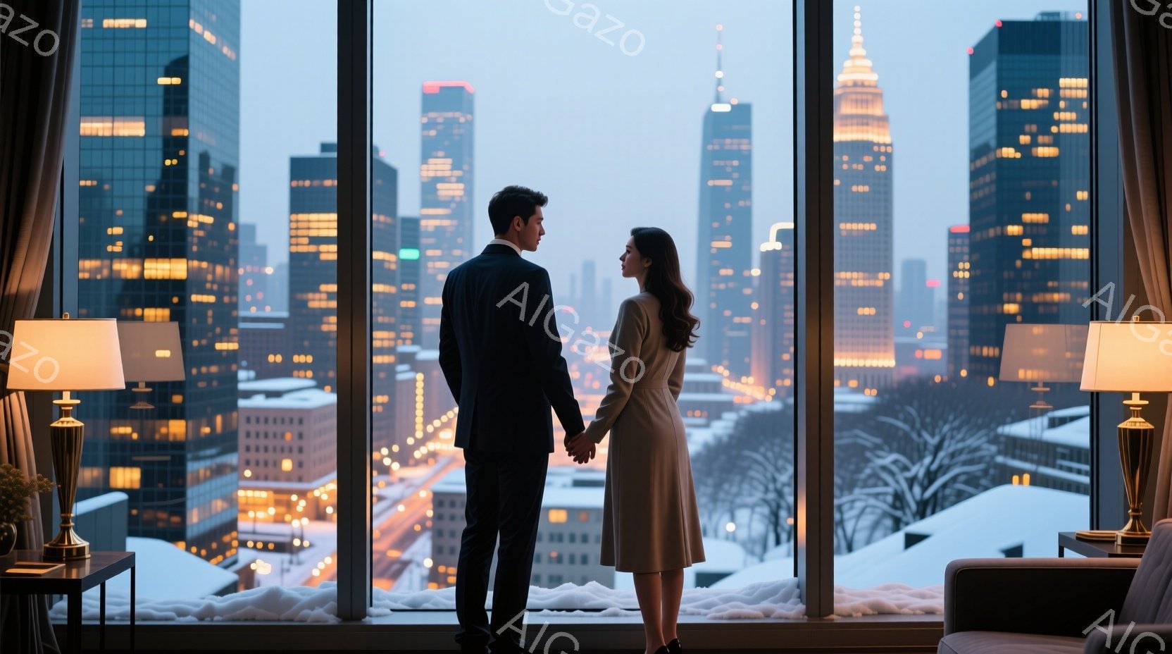 窓辺で寄り添う男女が描かれています。男性はダークスーツ姿で、女性はベージュ色のワンピースを着ており、互いの手を強く握り合っています。背景には雪景色の中にそびえ立つ高層ビル群が広がり、暖色系の照明が室内 - AI生成フリー素材