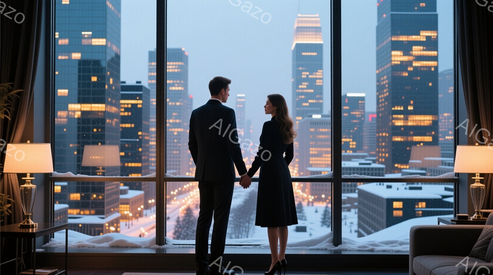 室内で、一対のカップルが窓の外の雪景色を眺めています。男性は黒いスーツ、女性は黒いドレスを着用しており、互いに手を繋いでいます。背景には、明かりが灯った高層ビル群が広がり、雪が降り積もった街並みが広が - AI生成フリー素材