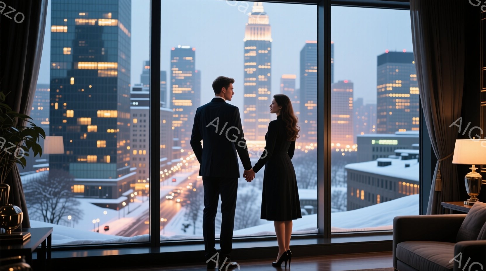 窓辺に立つ男女は、それぞれ黒いスーツと黒いドレスを身に着け、互いに手を繋いでいます。背景には雪に覆われた都市の夜景が広がり、多くの建物から光が灯っています。室内は落ち着いた雰囲気で、暖色系の照明が柔らかく照らし、優雅でロマンチックなムードを醸し出しています。