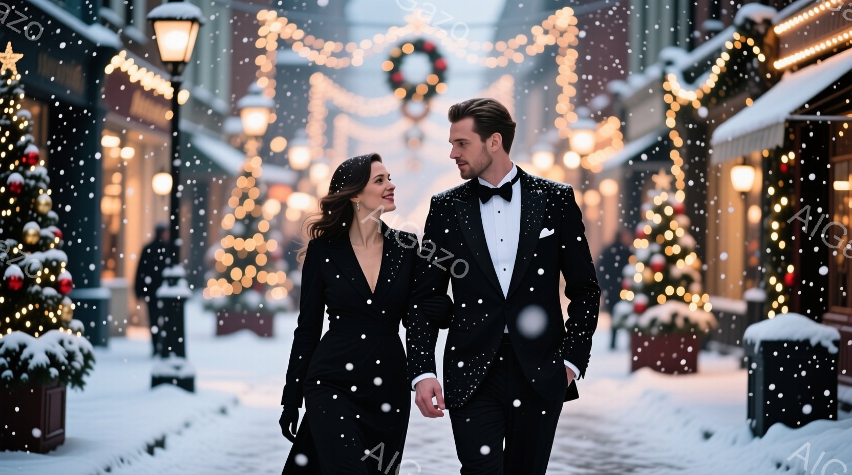 吹雪の中、一対のカップルが歩いている。女性は黒のロングドレスを着ており、髪は肩まで伸びたストレートヘアで、わずかに微笑んでいる。男性は黒のタキシードを着ており、誇らしげな表情で女性を見つめている。