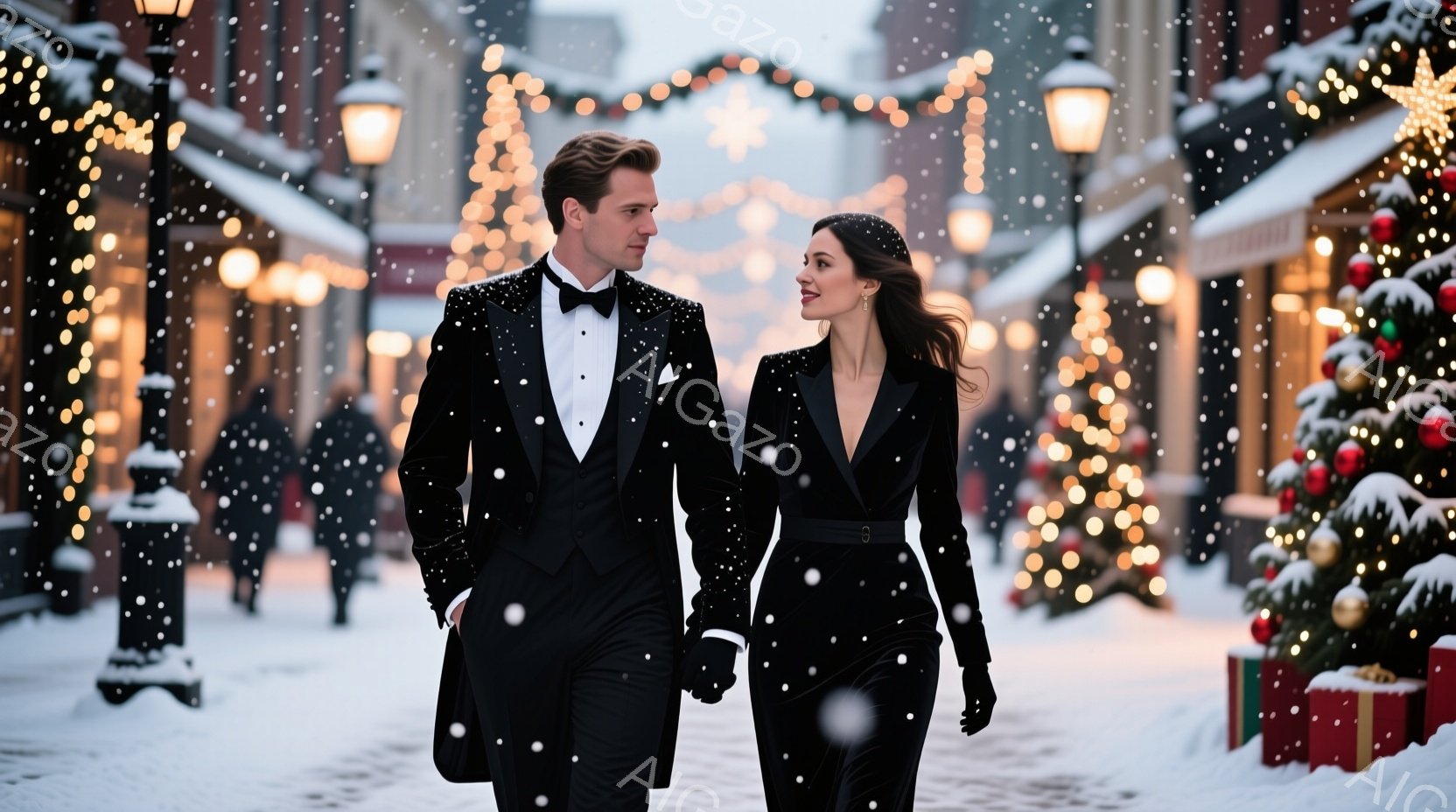 街並みを歩く一対のカップルが描かれています。男性は黒のタキシード、女性はベルベットの黒いドレスを着ており、共に冬の装いです。背景には雪が降り積もり、クリスマスツリーや装飾が施された建物が立ち並び、華や - AI生成フリー素材