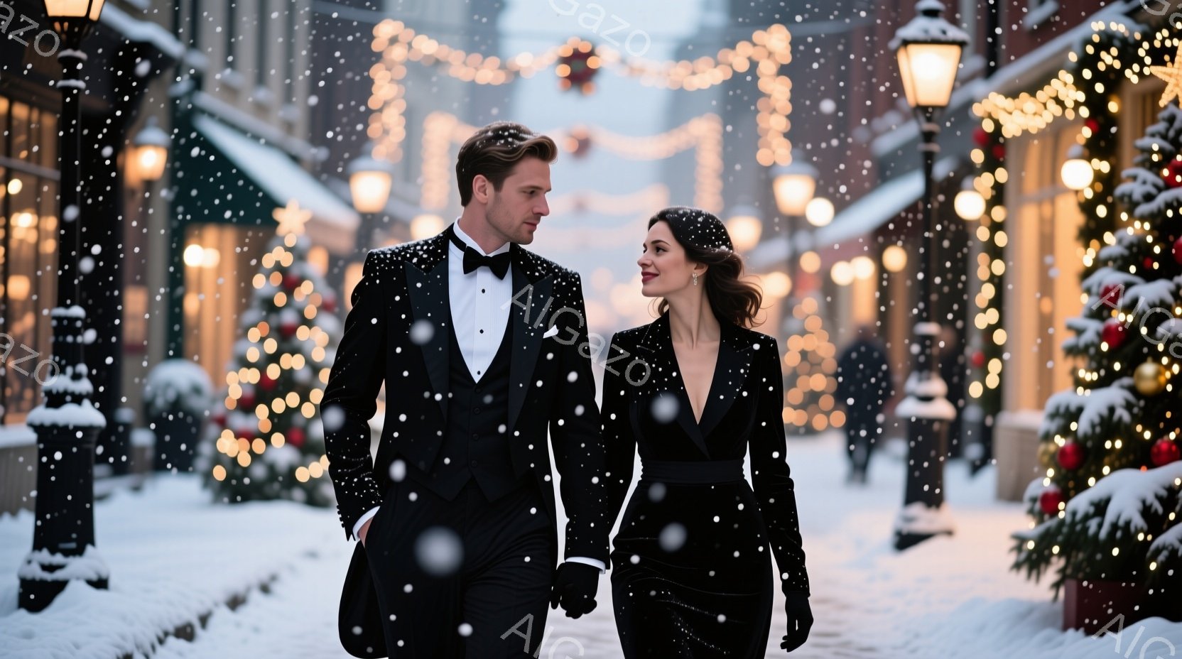 雪が舞う街並みを、タキシードを着た男性とベルベットのドレスを着た女性が寄り添って歩いている。男性は黒いタキシードに蝶ネクタイを締め、女性は深いVネックのベルベットドレスに手袋を着用し、二人は互いを見つ - AI生成フリー素材