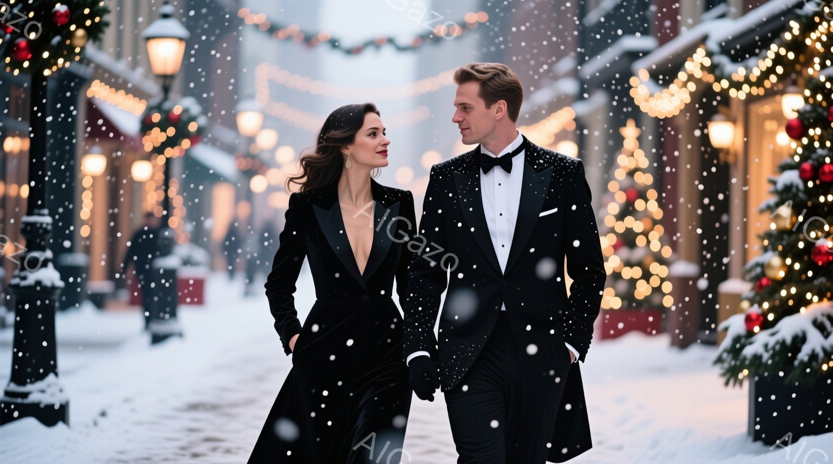 雪が降る街並みを、フォーマルな装いの男女が寄り添って歩いている。女性は黒のベルベットロングドレス、男性はタキシードを身につけ、洗練された雰囲気を醸し出している。背景には、クリスマスイルミネーションで飾られた建物が並び、ロマンチックで温かい空気が漂っている。