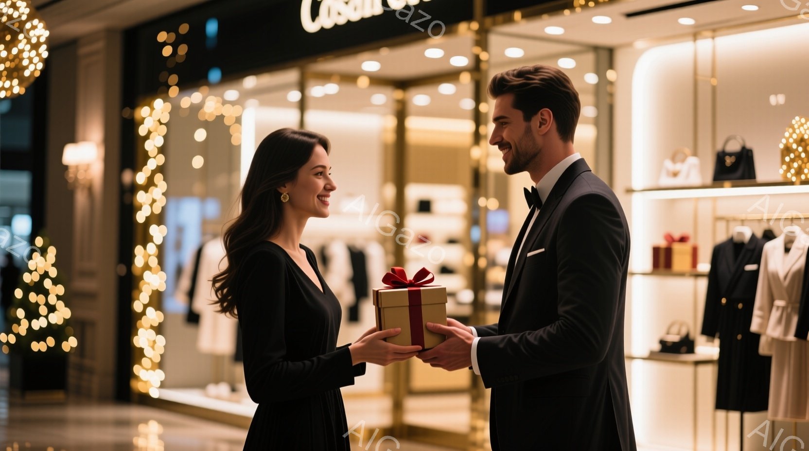 長い髪を肩にかけた女性が、赤いリボンで飾られた贈り物を受け取ろうとしています。男性は黒いスーツを着ており、女性に贈り物をする姿勢をとっています。背景には、高級ブランドの店舗が並び、クリスマスツリーの光 - AI生成フリー素材