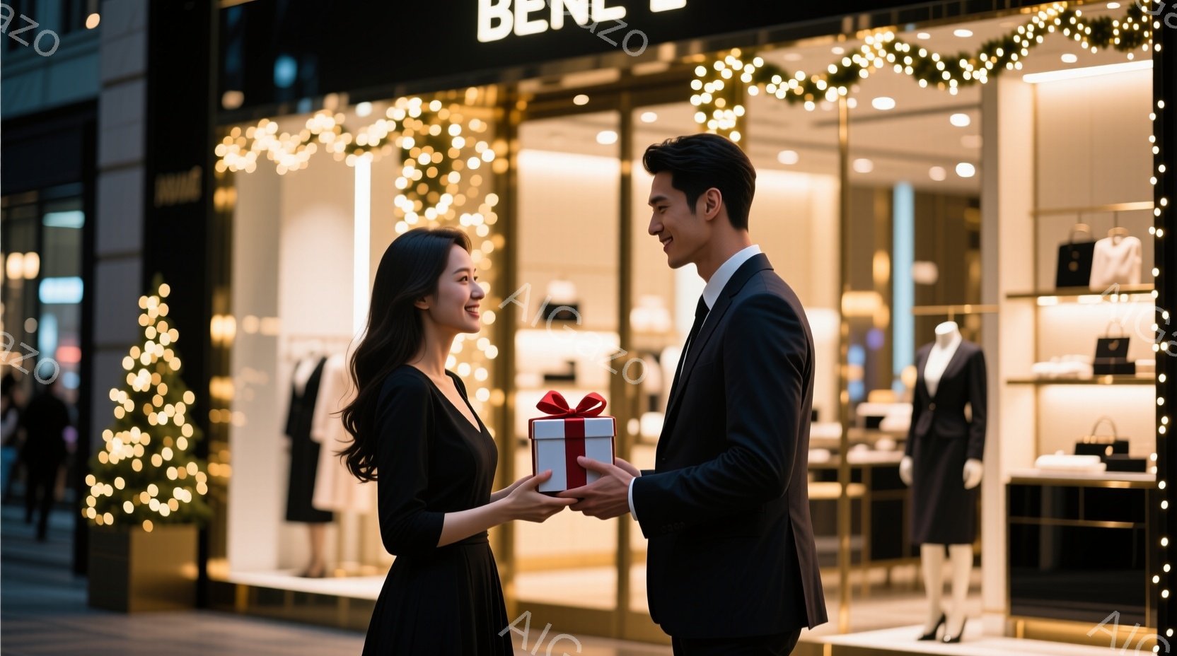 長い黒髪の女性が、赤いリボンが付いた小さなギフトボックスを黒いスーツを着た男性から受け取ろうとしています。二人はショーウィンドウの前で向き合い、笑顔でプレゼント交換をしている様子が伺えます。背景にはキ - AI生成フリー素材