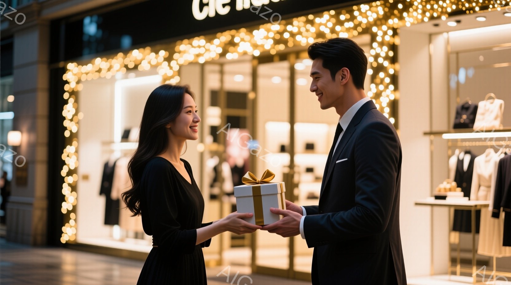 長い黒いドレスを着た女性が、スーツ姿の男性からプレゼントを受け取ろうとしています。二人は笑顔で互いを見つめ、プレゼントは金色のリボンで飾られた箱です。背景には、クリスマスのイルミネーションが輝く店舗が - AI生成フリー素材