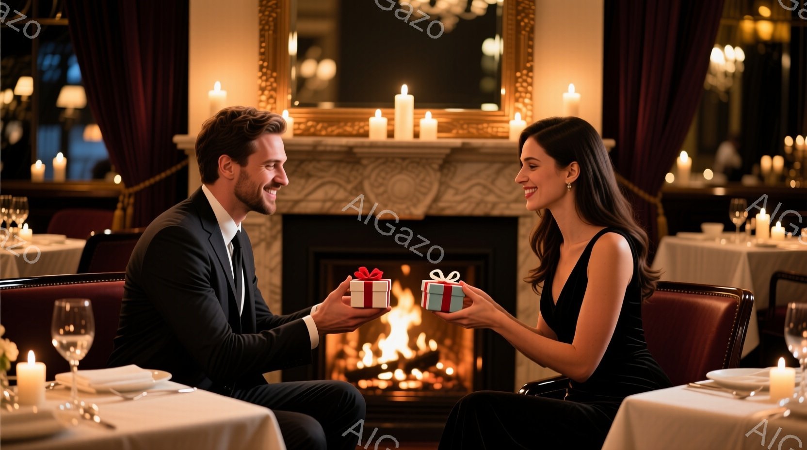 一対の男女が暖炉の前で向かい合って座っており、男性は女性に赤いリボンがついた小さなギフトボックスを手渡そうとしている。男性は黒のスーツと白いシャツを着ており、女性は黒いドレスを着て、髪は後ろにまとめられている。背景には、白いテーブルクロスが敷かれたテーブル、キャンドル、豪華な装飾が施された暖炉と、ぼやけた他の顧客がいる。