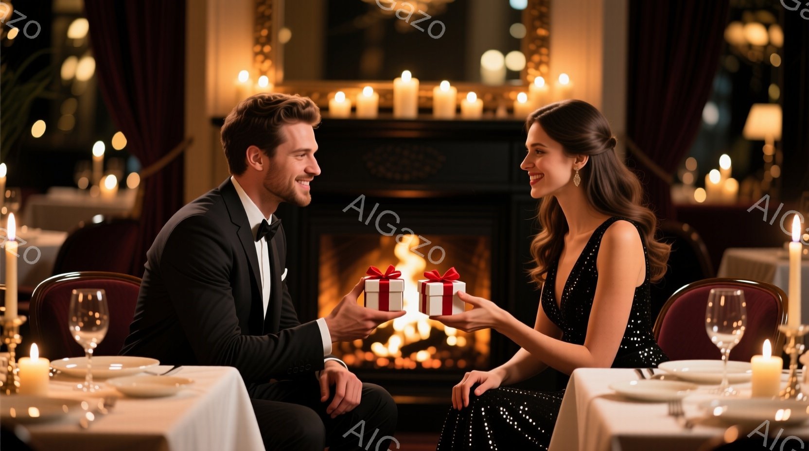 美しい女性と男性がレストランで対面しており、男性は女性に赤いリボンで結ばれた小さなギフトボックスを手渡そうとしています。男性は黒いタキシード姿で、女性は黒いスパンコールドレスを身に着け、宝石のイヤリングをしています。背景には暖炉があり、テーブルにはキャンドルが灯り、ロマンチックで豪華な雰囲気が漂っています。