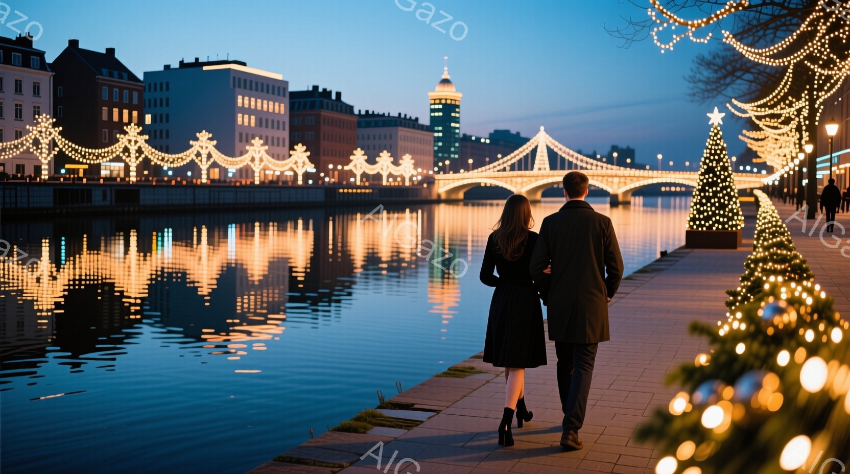 夜の運河沿いを、黒いコートとドレスを着た男女が並んで歩いている。運河の水面と周囲の建物が、暖かい光の反射で美しく輝き、背景にはクリスマスイルミネーションで飾られた橋が見える。穏やかな夜の雰囲気と、二人の後ろ姿が、ロマンチックなムードを醸し出している。