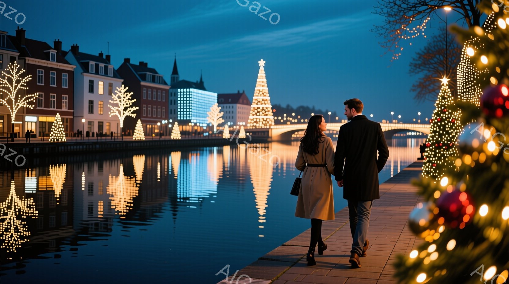 夜の運河沿いを、コートを着た男女が手をつないで歩いている。背景には、ライトアップされた建物とクリスマスツリーが並び、水面に美しい反射を作り出している。全体的に暖かくロマンチックな雰囲気で、冬の夜の穏やかな情景が描かれている。