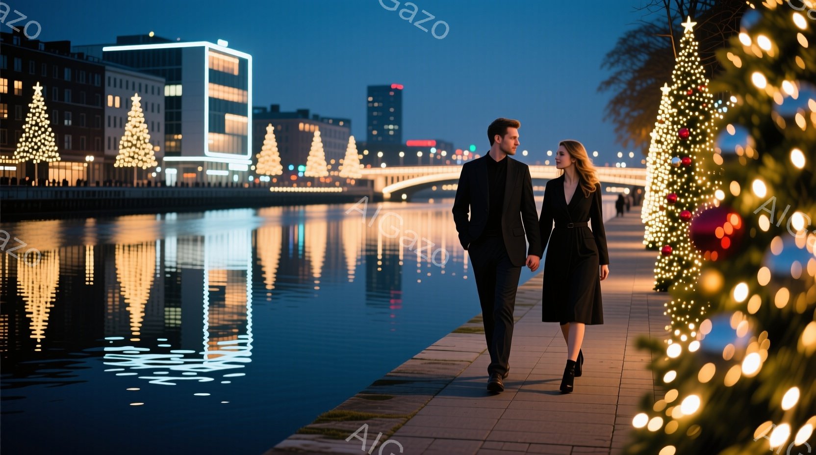 夜の運河沿いを、一対の男女が寄り添いながら歩いている。男性は黒いコートとパンツを着用し、女性は黒いワンピースに黒いブーツを履いており、共に洗練された装いをしている。背景には、光り輝くクリスマスツリーが並び、運河の水面にはそれらの光が反射し、幻想的な雰囲気を醸し出している。