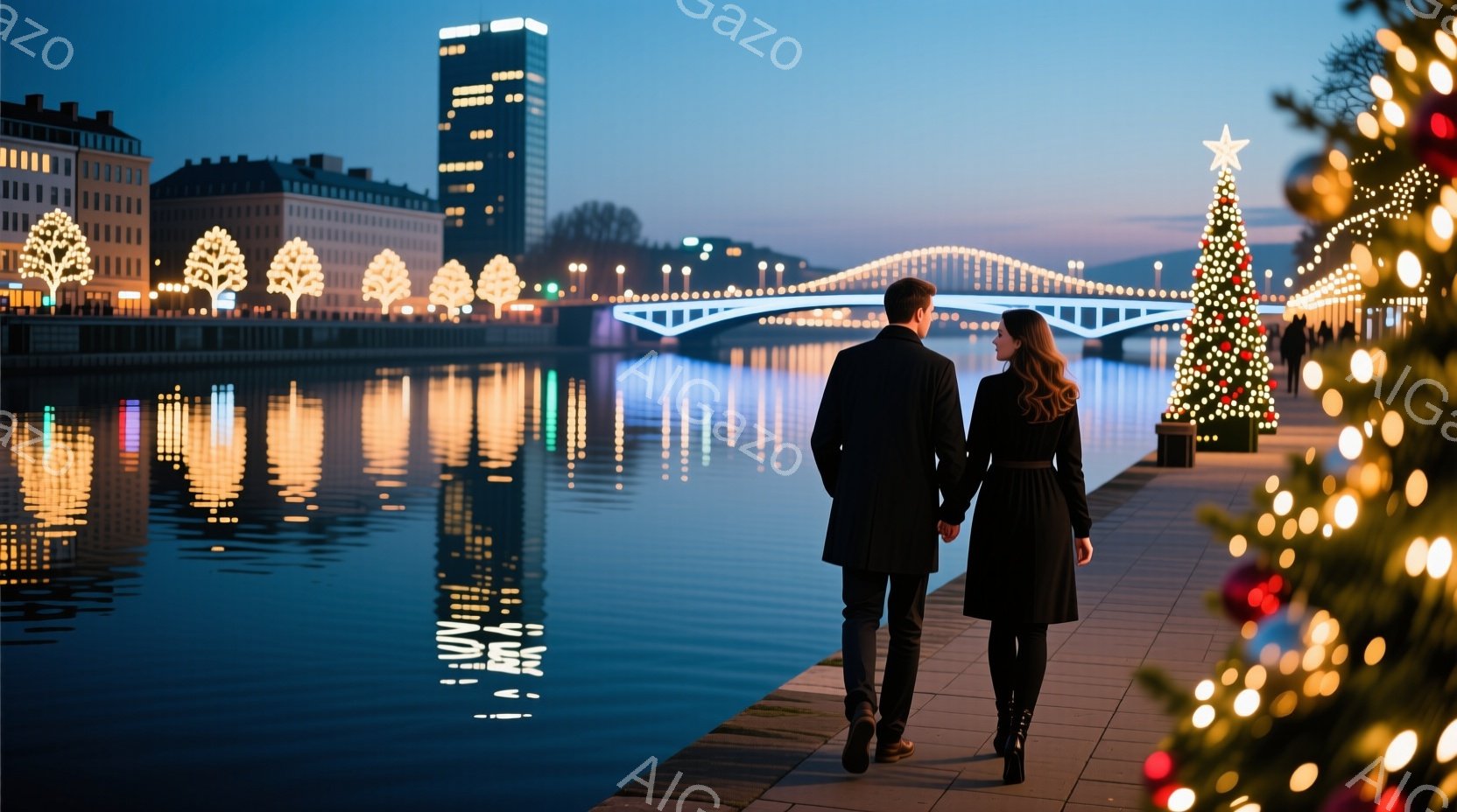 長いコートを着た男女が、川沿いの遊歩道を手をつないで歩いている。背景には、ライトアップされた建物と橋が水面に反射し、クリスマスツリーが飾られていることから、冬の夜の温かい雰囲気が漂う。空は夕暮れ時で、 - AI生成フリー素材