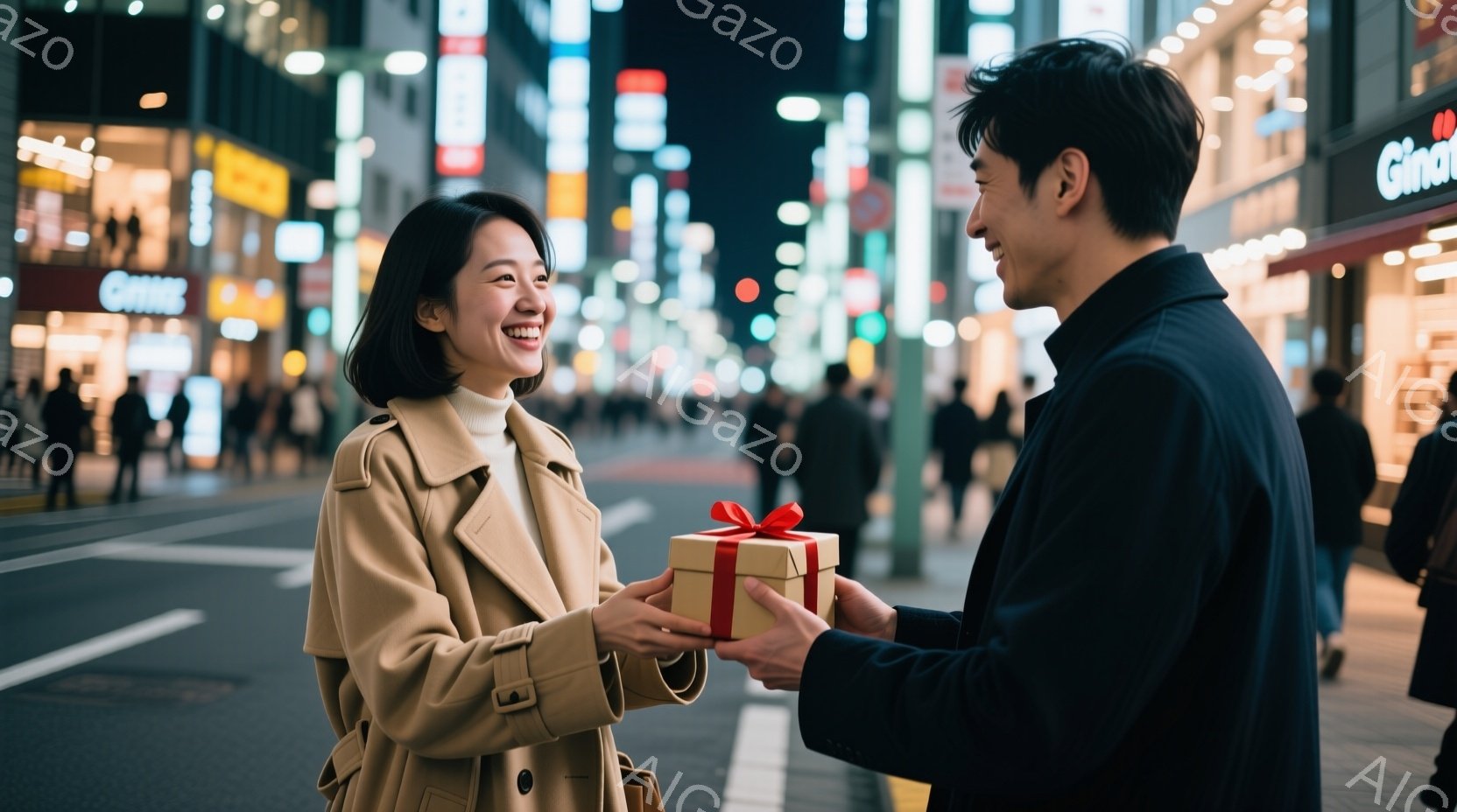 女性はベージュ色のトレンチコートを着て微笑んでおり、男性は黒いジャケットを着てプレゼントを渡そうとしています。二人は横断歩道に立っており、背後には賑やかな夜の街並みと多くの人々が見えます。 全体的に、温かくロマンチックな雰囲気で、プレゼント交換の瞬間が捉えられています。