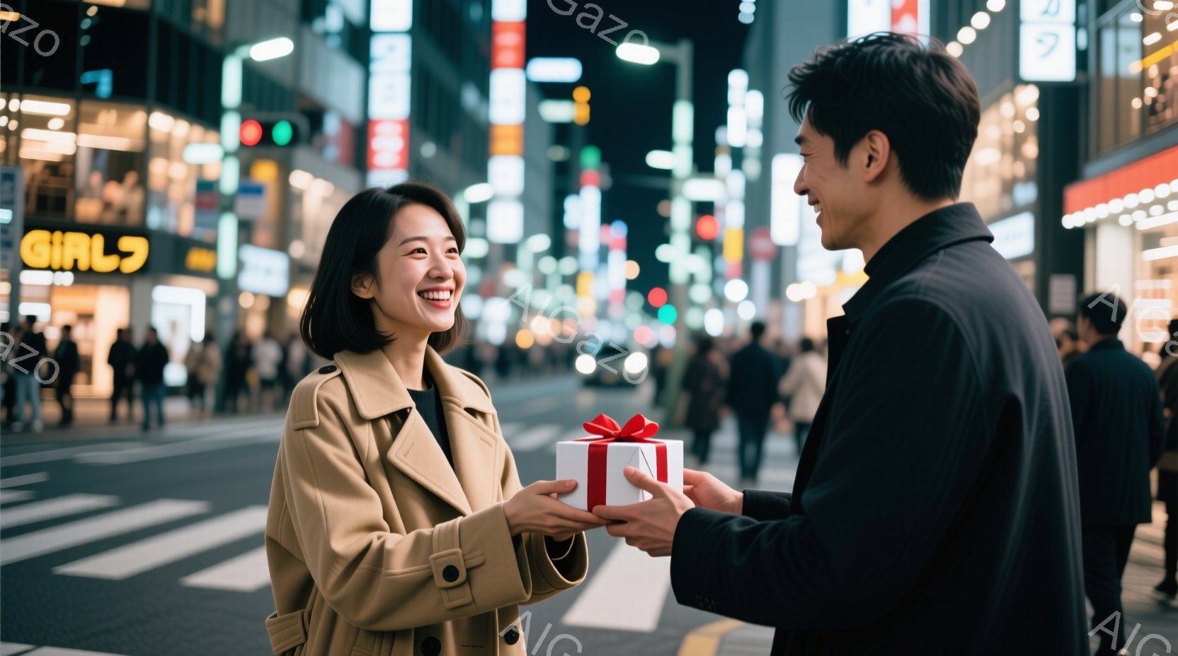 女性はベージュ色のトレンチコートを着て、微笑みながらプレゼントを受け取ろうとしています。男性は黒いスーツを着て、赤いリボンで飾られた白い箱を女性に差し出しています。背景には、多くの人が歩く夜の都市の通 - AI生成フリー素材