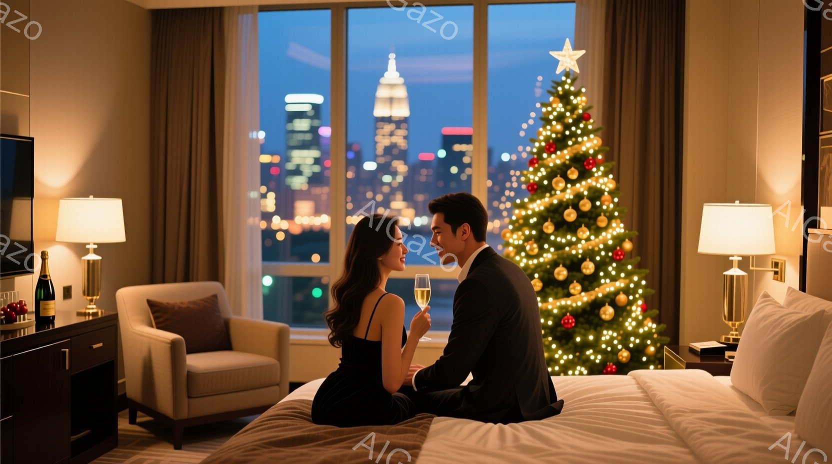 美しい夜景を背景に、ベッドに座った男女がシャンパングラスを掲げて微笑み合っています。女性は黒いドレスで、長く巻き髪のヘアスタイルで、男性は黒いスーツを着ています。部屋は豪華な内装で、クリスマスツリーが - AI生成フリー素材