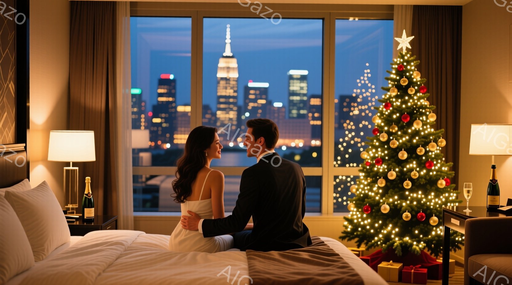 ニューヨークの夜景を背景に、ベッドに座る若いカップルが描かれています。女性は白いドレスを身につけ、長い髪を後ろに垂らしており、男性は黒いスーツを着て、女性の肩に腕を回しています。室内にはクリスマスツリ - AI生成フリー素材