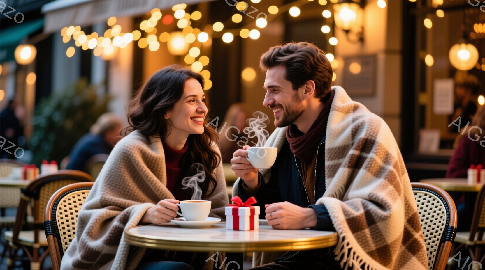暖かい毛布にくるまれた若い男女がカフェのテーブルを挟んで向かい合っています。女性は赤いセーターを着て微笑み、男性はダークカラーの服を着て、コーヒーカップを手にしています。背景には、ぼやけたカフェの光景 - AI生成フリー素材