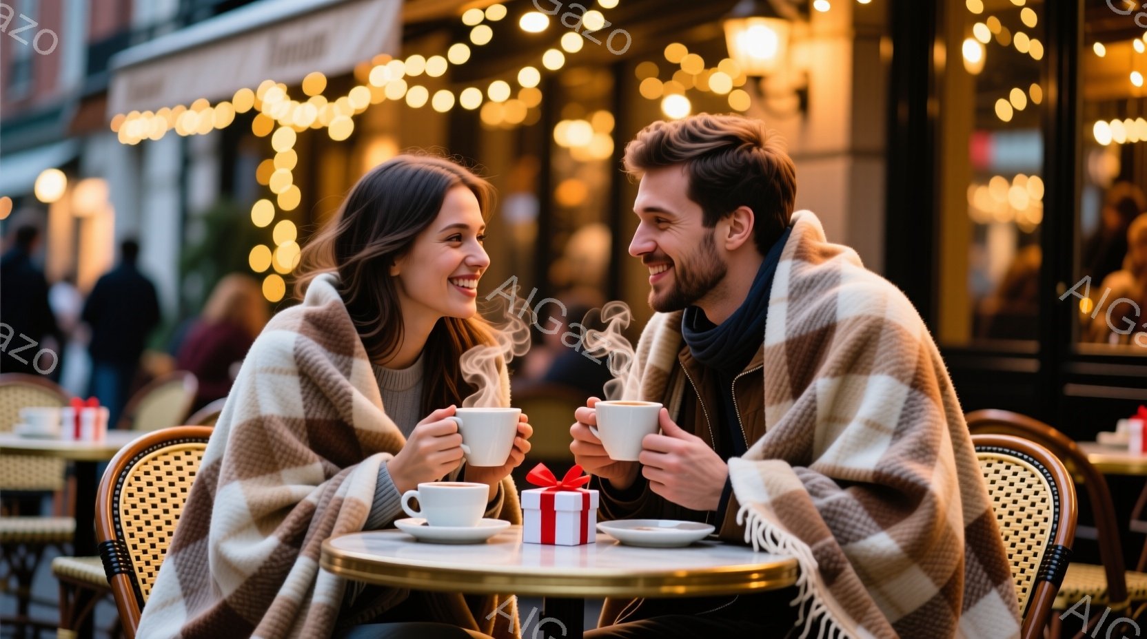 теплый плед обернут вокруг пары, сидящей за столиком кафе на улице; оба улыбаются друг другу, держа в руках дымящиеся чашки. За ними размытый вид уличных кафе и витрин магазинов, украшенных мерцающими огнями, создающий уютную и романтическую атмосферу. Посреди стола стоит небольшая подарочная коробка, перевязанная лентой.