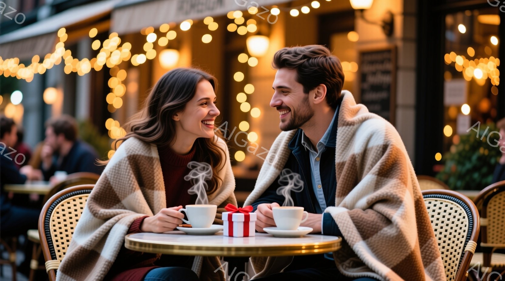 若い男女がカフェの屋外席で向かい合って座っており、温かい飲み物を楽しんでいる。女性は赤いセーターを着ており、長い茶色の髪をなびかせ、微笑んでいる。男性はダークグレーのジャケットを着用し、少し顎髭を生や - AI生成フリー素材