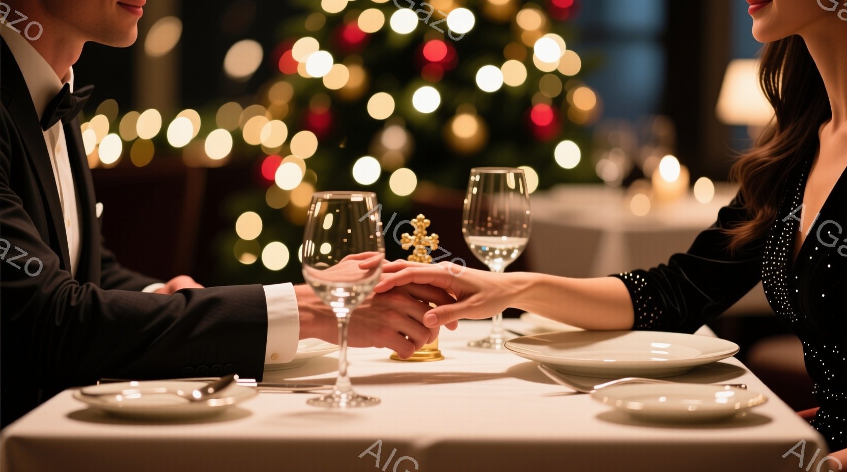 テーブルには白いリネンが敷かれ、上品なディナーの準備が整っている。一対の男女は互いの手を握り合い、フォーマルな服装で特別な夜を過ごしているようだ。背景にはぼやけたクリスマスツリーの光が輝き、ロマンチッ - AI生成フリー素材