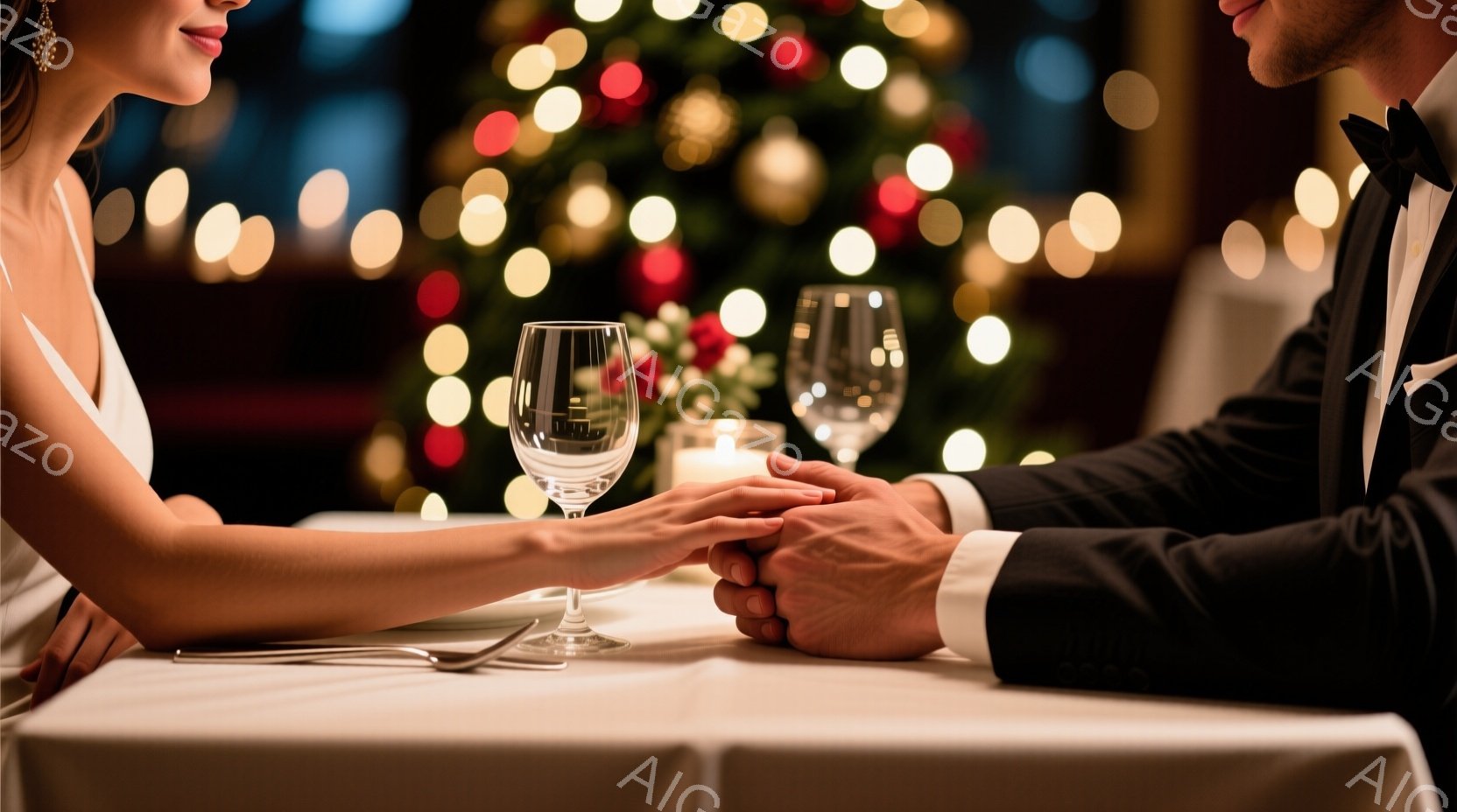 テーブルの上で、一対の男女が手をつないでいます。女性は白いドレスを着ており、髪は後ろでまとめています。背景にはぼやけたクリスマスツリーの光があり、ロマンチックで暖かい雰囲気が漂っています。