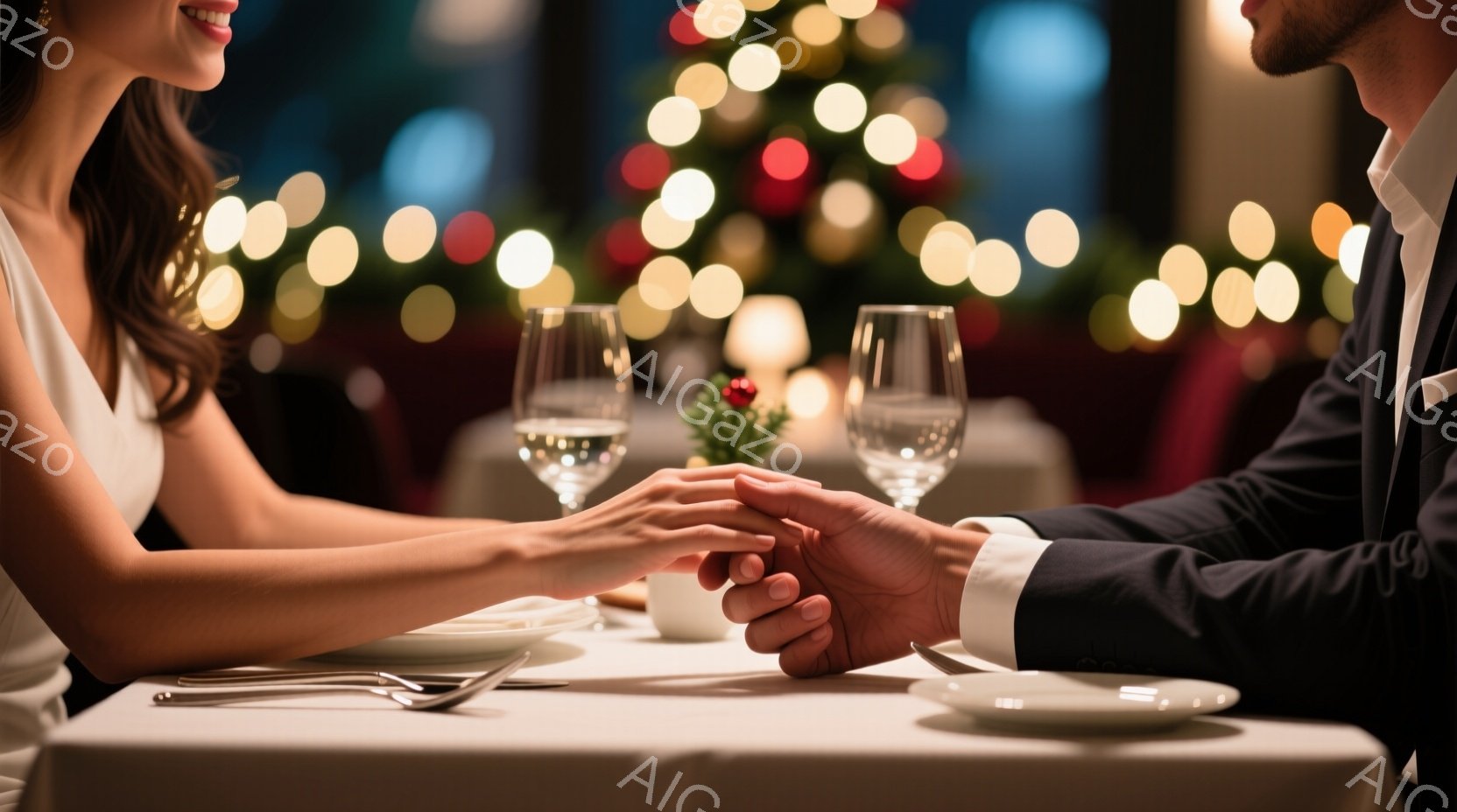 テーブルを挟んで男女の手が触れ合っており、親密な雰囲気を醸し出しています。女性は白いドレスを着ており、髪は肩にかかる長さで、顔は少ししか見えませんが、楽しそうな表情が伺えます。背景にはぼやけたクリスマスツリーの光があり、ロマンチックで暖かいレストランの情景が広がっています。
