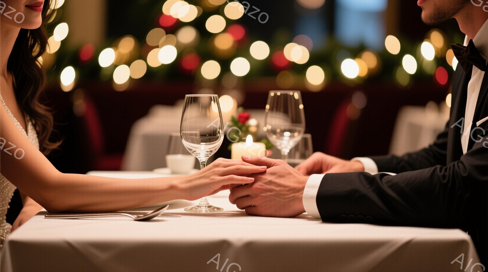 白いテーブルクロスの上に、男性と女性が手を重ねて座っている。男性は黒いタキシードを着ており、女性は肩を露出した華やかなドレスを着ている。背景にはぼやけた光が灯り、ロマンチックで親密な雰囲気を作り出している。