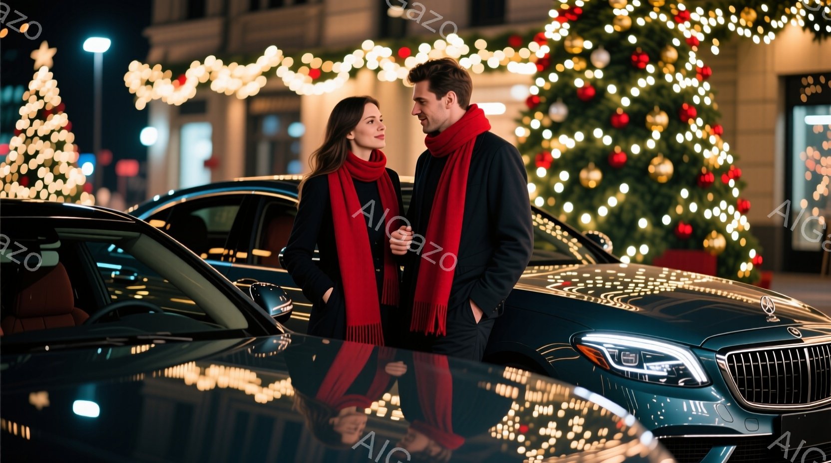 街路樹や建物がイルミネーションで飾られた夜の風景に、赤いスカーフを巻いた男女が立っている。女性は肩までの茶髪で、男性はダークカラーのコートを着ており、二人は寄り添い、互いに顔を見合わせている様子から親 - AI生成フリー素材
