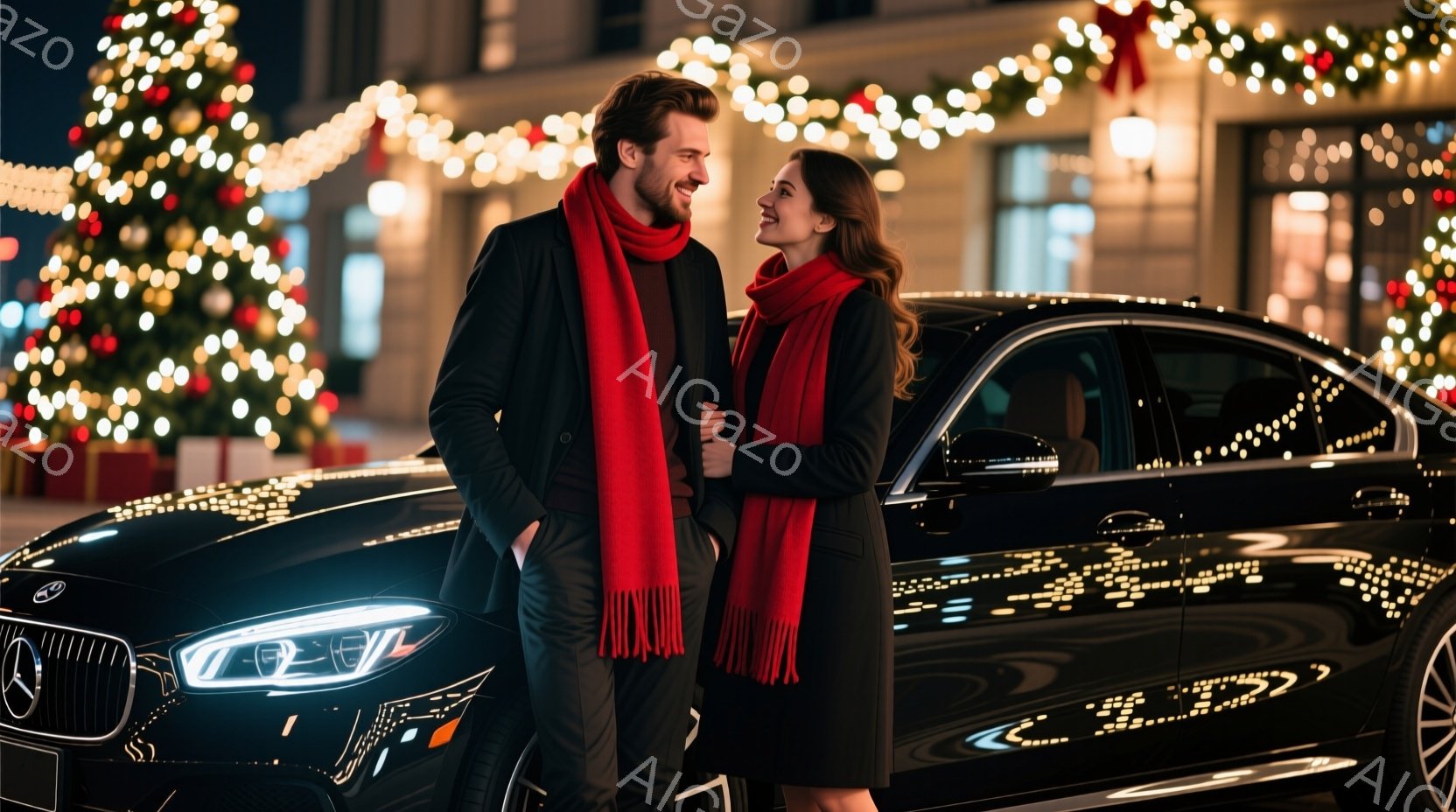 鮮やかな赤色のスカーフを巻いた男女が、黒い高級車（メルセデス・ベンツ）の前に立っている。男性は黒いスーツで、女性は黒いドレスを着用しており、互いに微笑み合い、親密な雰囲気である。背景には、クリスマスイルミネーションで飾られた建物があり、夜空のもと、華やかでロマンチックな冬の夜の情景が広がっている。