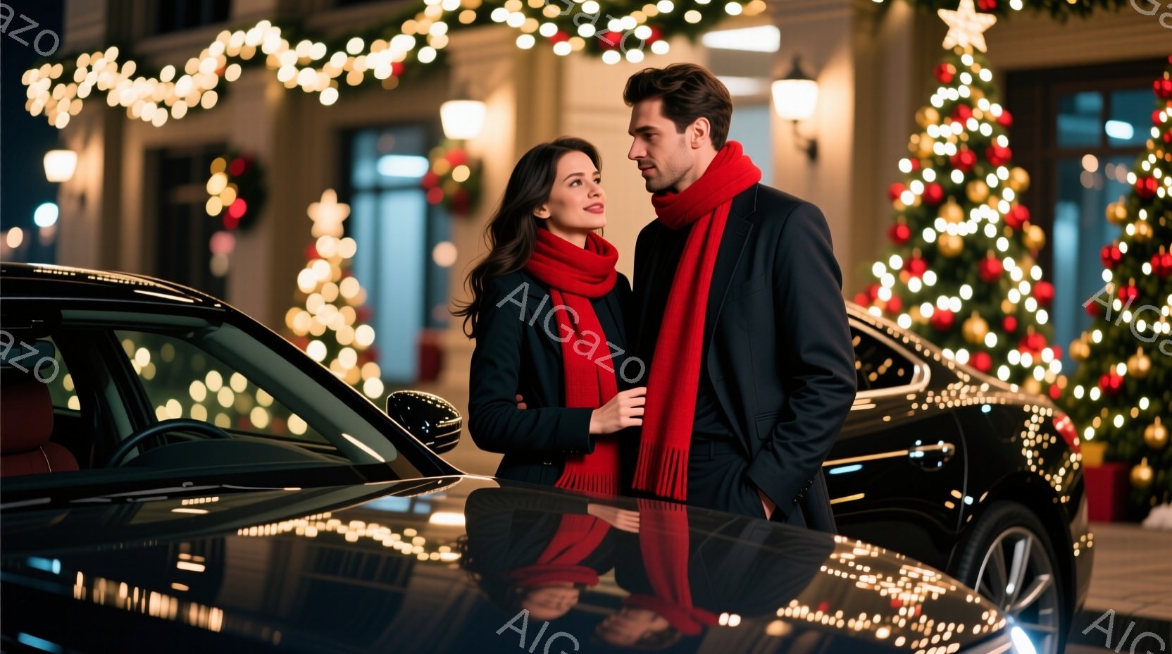 魅力的な男女が、きらびやかなクリスマスイルミネーションを背景に、黒い高級車に寄り添って立っている。女性はダークカラーのコートを着ており、長い髪を肩にかけ、男性は黒いスーツに鮮やかな赤いマフラーを巻き、 - AI生成フリー素材