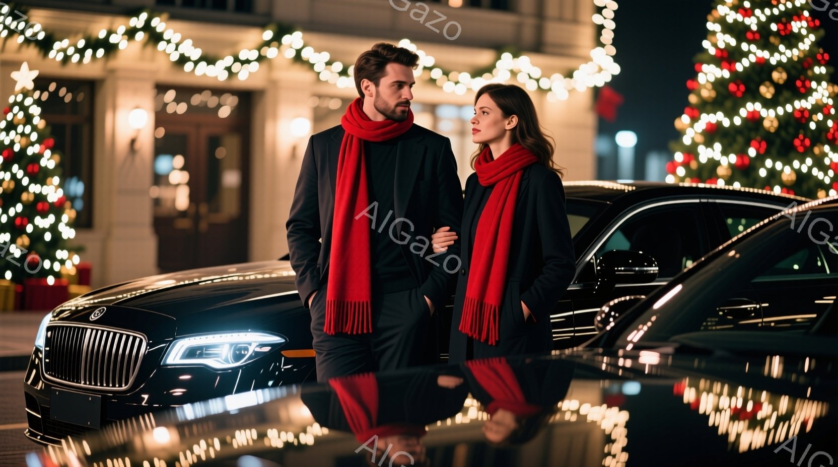 紺色の高級車を背景に、男女が寄り添って立っている。男性はダークスーツに赤いマフラーを巻き、女性は黒いコートを着ており、二人とも上品で洗練された印象を与えている。背景にはクリスマスイルミネーションが輝き、高級ホテルかレストランの入り口であると思われ、華やかでロマンチックな雰囲気を醸し出している。