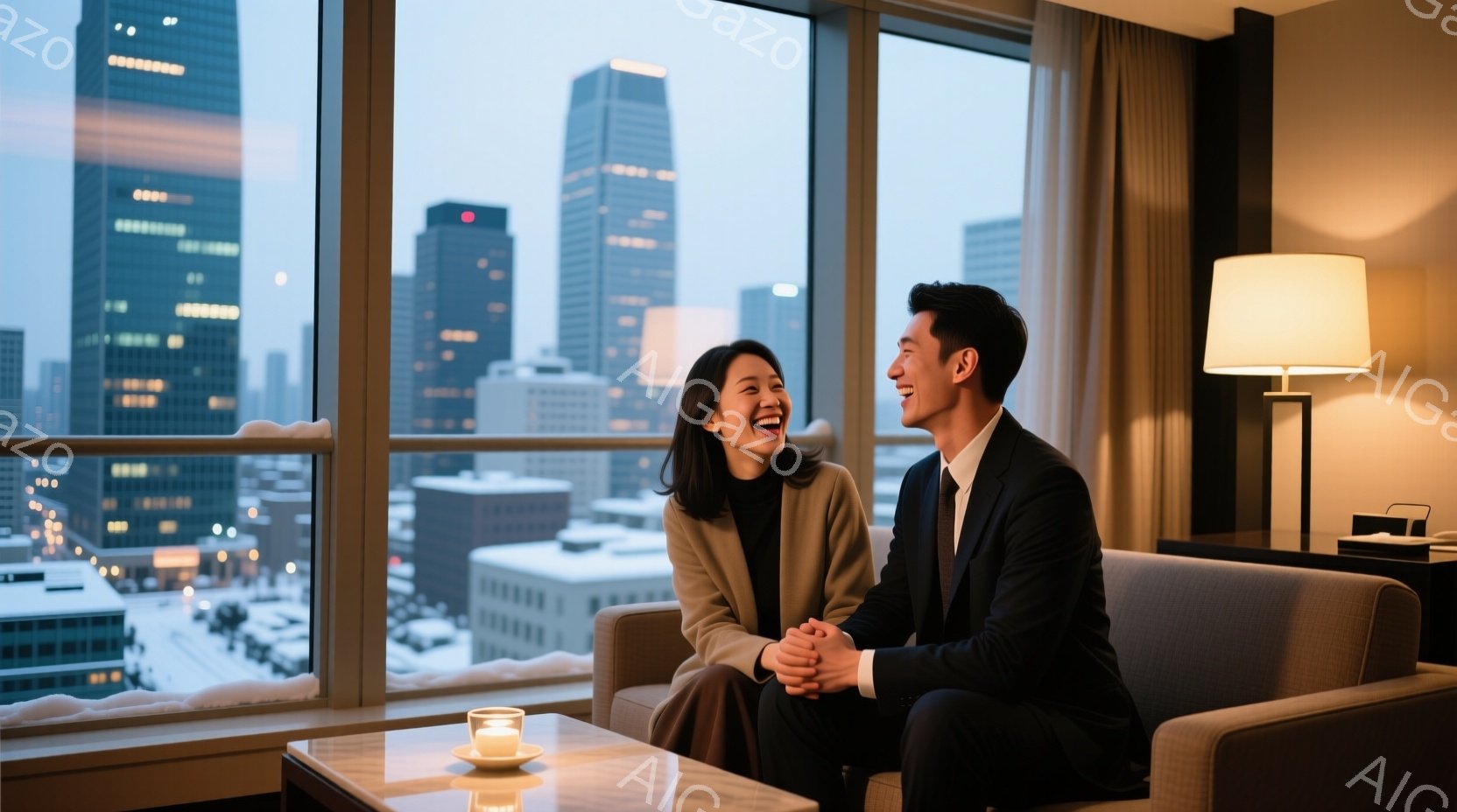 ソファに座っている若い男女が写っており、女性は明るい色のニットを、男性は黒いスーツを着ています。二人は顔を見合わせ、満面の笑みを浮かべ、親密な雰囲気を醸し出しています。背景には高層ビル群と雪景色が広が - AI生成フリー素材