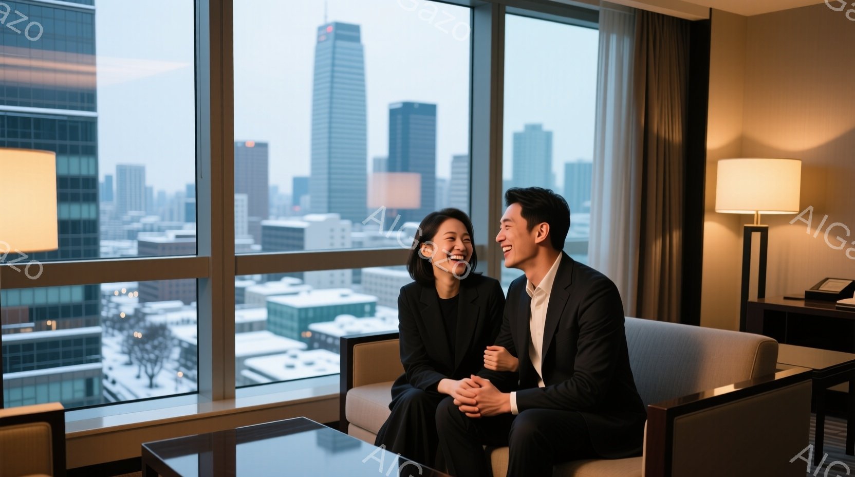 明るいリビングルームで、一組の男女がソファに座り、互いに見つめ合いながら楽しそうに笑っている。女性は黒いロングドレス、男性は紺色のスーツを着用しており、どちらも髪はきちんと整えられている。窓の外には雪 - AI生成フリー素材