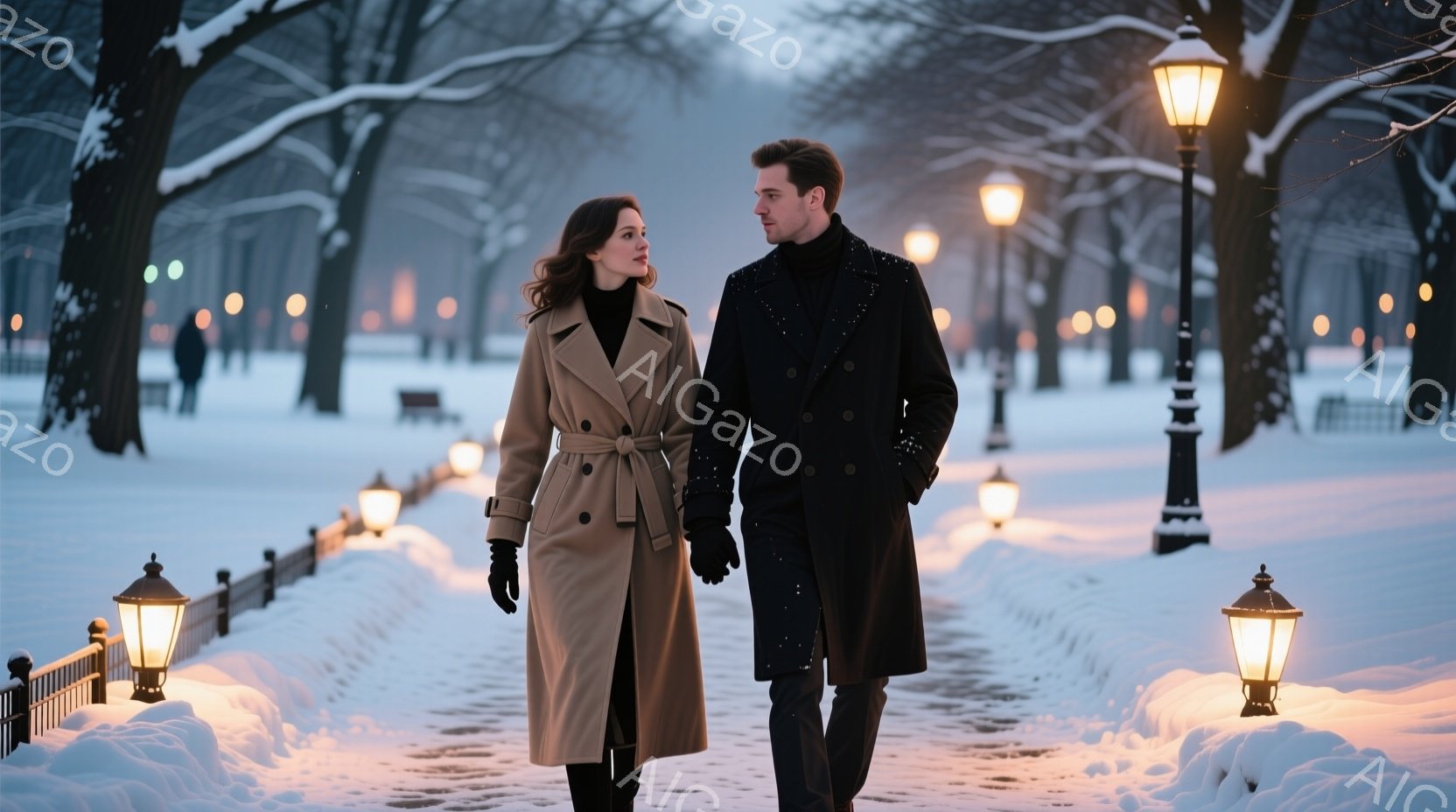 雪景色の中、男女が並んで歩いている。女性はベージュのトレンチコートに黒い手袋とブーツを履き、髪は肩までの長さで自然なウェーブがかかっている。男性は黒のロングコートを着ており、二人とも前を見据え、穏やか - AI生成フリー素材