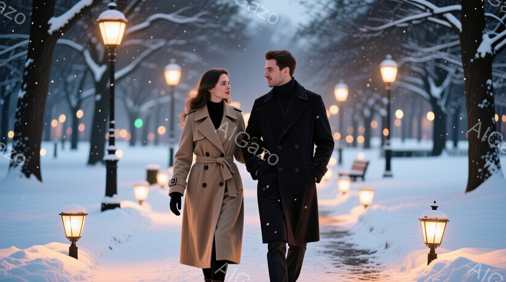雪が降る並木道を、ベージュのトレンチコートを着た女性と黒いロングコートを着た男性が並んで歩いている。女性は髪を後ろにまとめ、男性は落ち着いた表情で前を見つめている。背景には雪で覆われた木々と、灯りが灯った街灯が並び、冬のロマンチックな雰囲気を醸し出している。