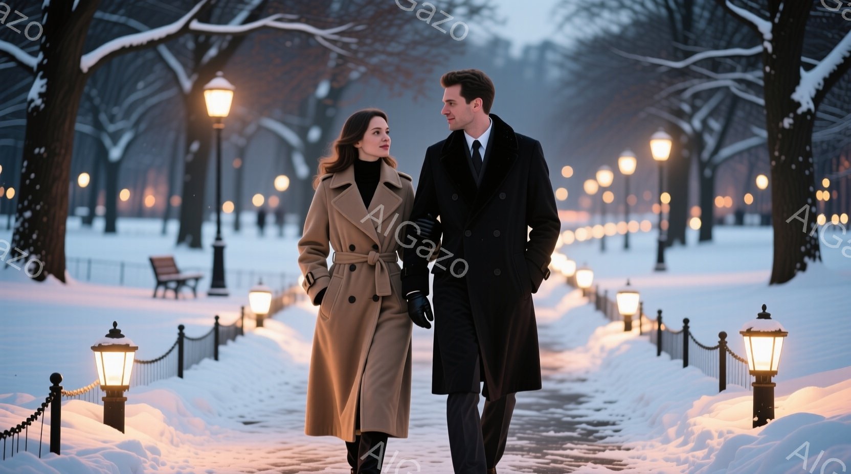 雪に覆われた並木道を、コートを着た男女が寄り添って歩いている。女性はベージュ色のコートに黒いタイツ、男性は黒いコートとスーツ姿で、ともに前方を少し見ながら穏やかな表情を浮かべている。背景には雪で覆われ - AI生成フリー素材